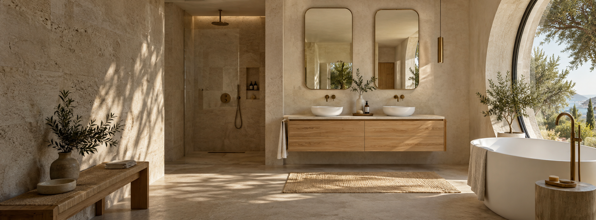 Salle de bains contemporaine aux tons pierre et bois, avec douche, double vasque et baignoire